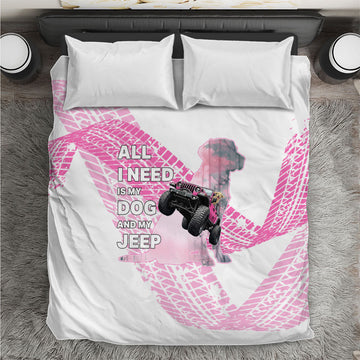 All I Need Is My Dog And My Jeep Bedding Set Off-Road Illustration with Pink Tire Track Pattern