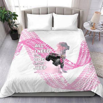 All I Need Is My Dog And My Jeep Bedding Set Off-Road Illustration with Pink Tire Track Pattern