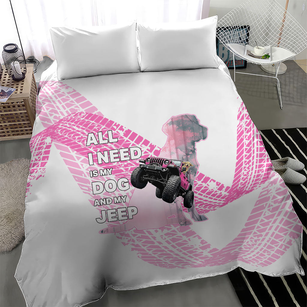 All I Need Is My Dog And My Jeep Bedding Set Off-Road Illustration with Pink Tire Track Pattern