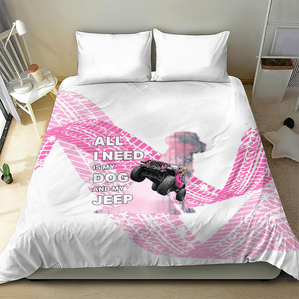 All I Need Is My Dog And My Jeep Bedding Set Off-Road Illustration with Pink Tire Track Pattern
