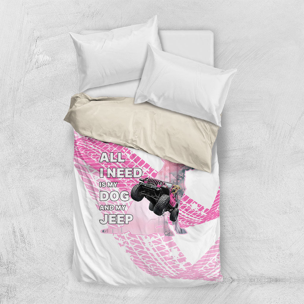 All I Need Is My Dog And My Jeep Bedding Set Off-Road Illustration with Pink Tire Track Pattern