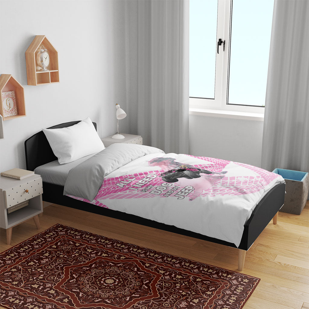 All I Need Is My Dog And My Jeep Bedding Set Off-Road Illustration with Pink Tire Track Pattern