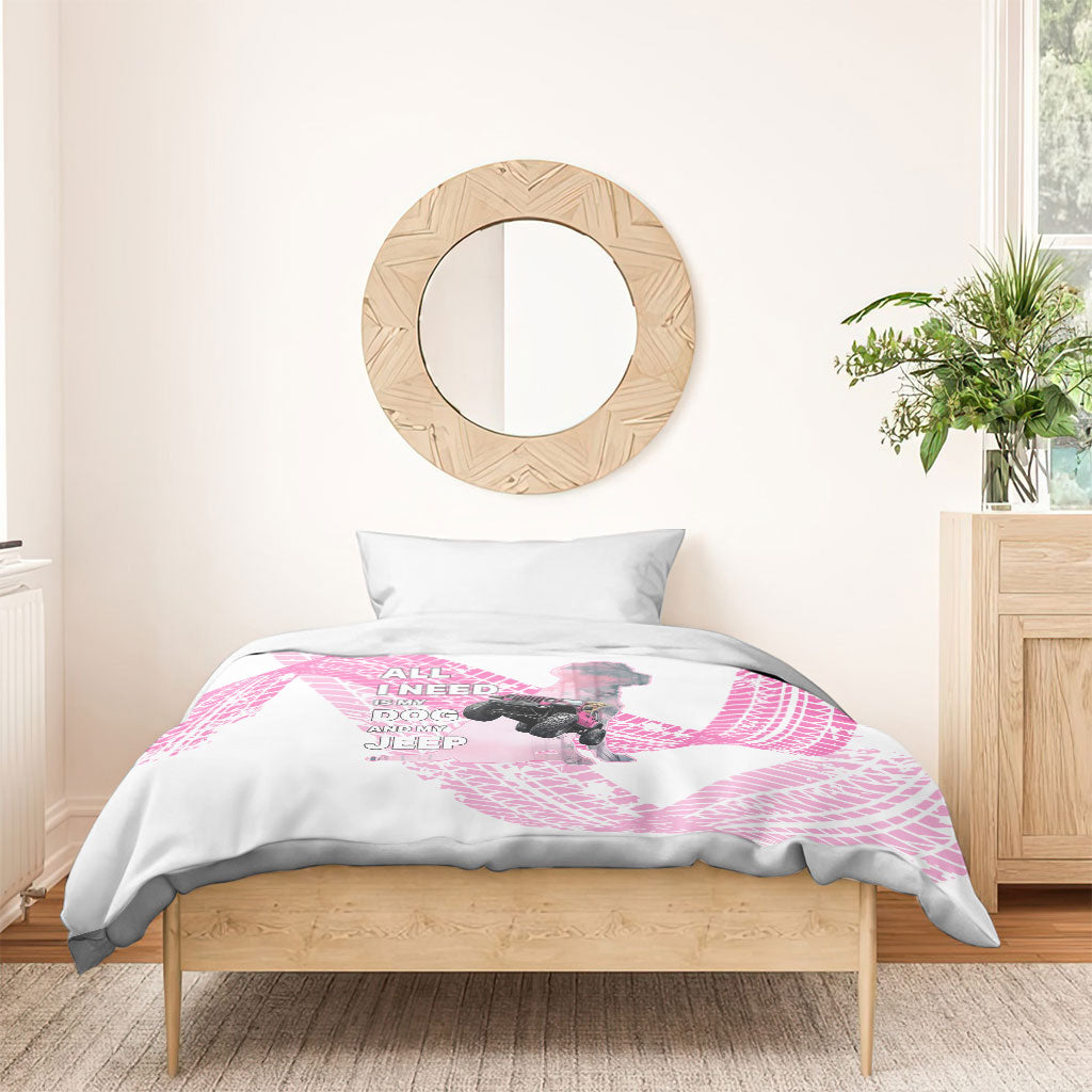 All I Need Is My Dog And My Jeep Bedding Set Off-Road Illustration with Pink Tire Track Pattern