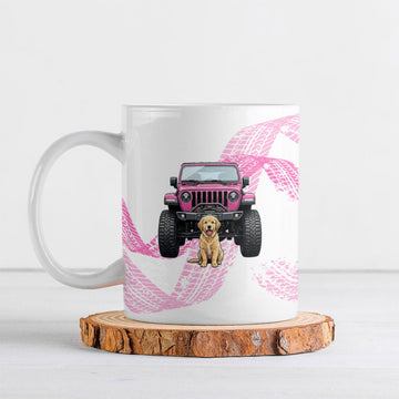 All I Need Is My Dog And My Jeep Ceramic Mug Off-Road Illustration with Pink Tire Track Pattern