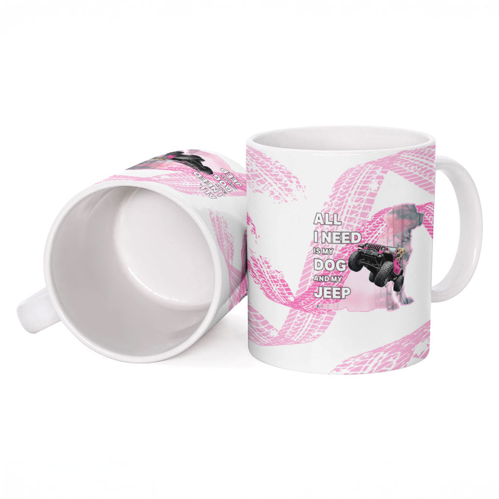 All I Need Is My Dog And My Jeep Ceramic Mug Off-Road Illustration with Pink Tire Track Pattern