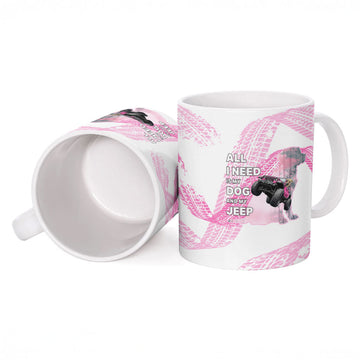 All I Need Is My Dog And My Jeep Ceramic Mug Off-Road Illustration with Pink Tire Track Pattern