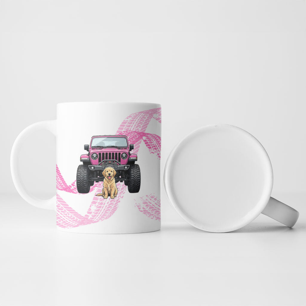 All I Need Is My Dog And My Jeep Ceramic Mug Off-Road Illustration with Pink Tire Track Pattern