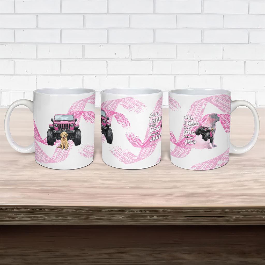 All I Need Is My Dog And My Jeep Ceramic Mug Off-Road Illustration with Pink Tire Track Pattern