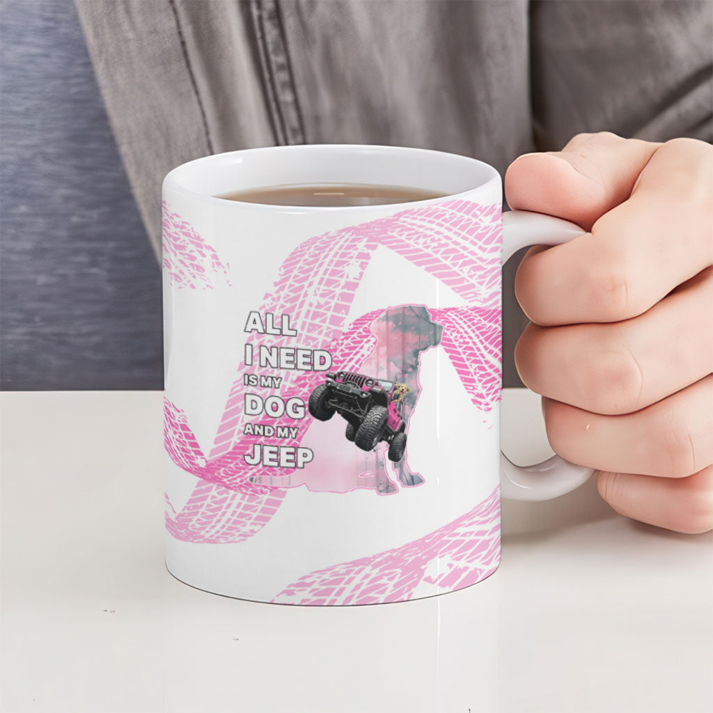 All I Need Is My Dog And My Jeep Ceramic Mug Off-Road Illustration with Pink Tire Track Pattern