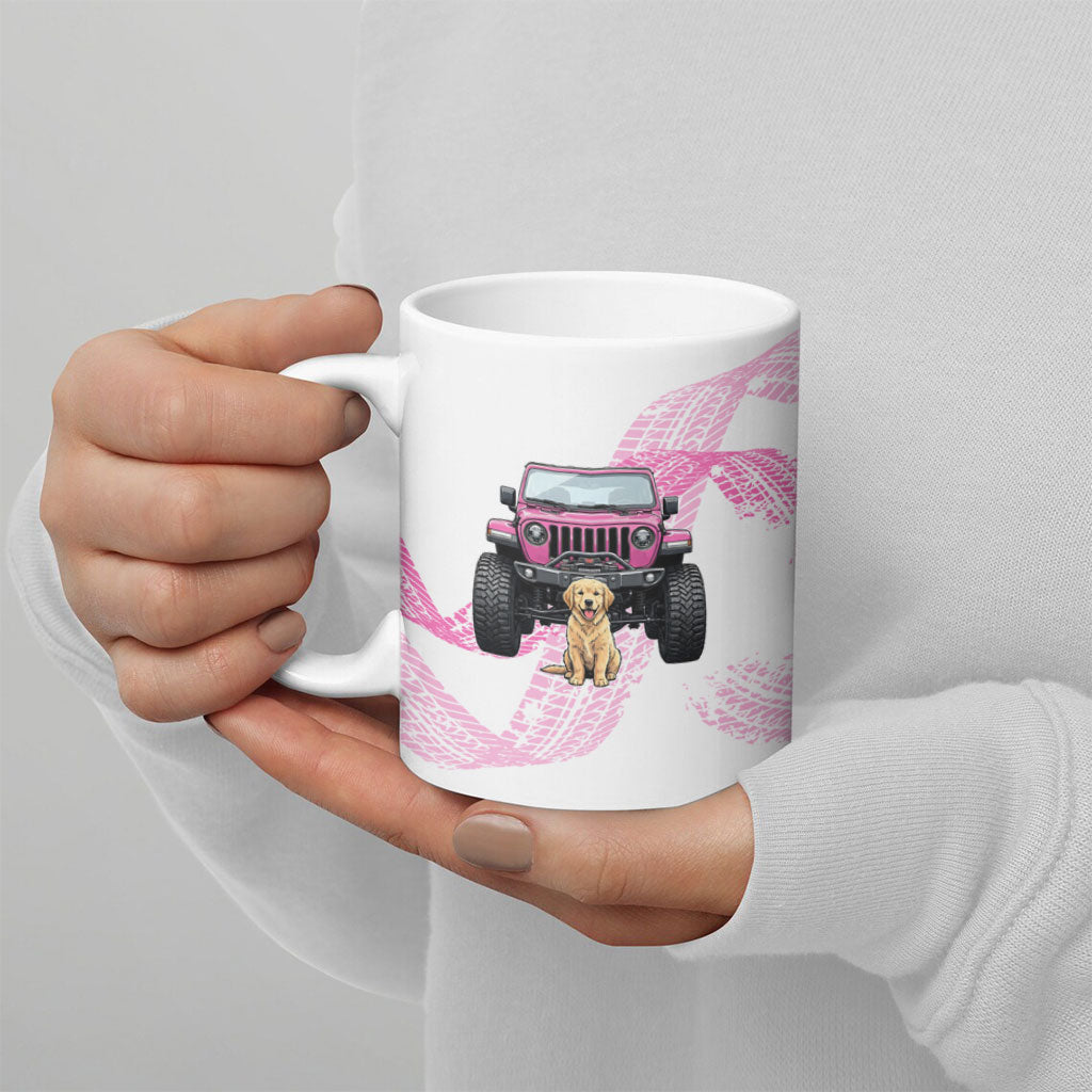 All I Need Is My Dog And My Jeep Ceramic Mug Off-Road Illustration with Pink Tire Track Pattern