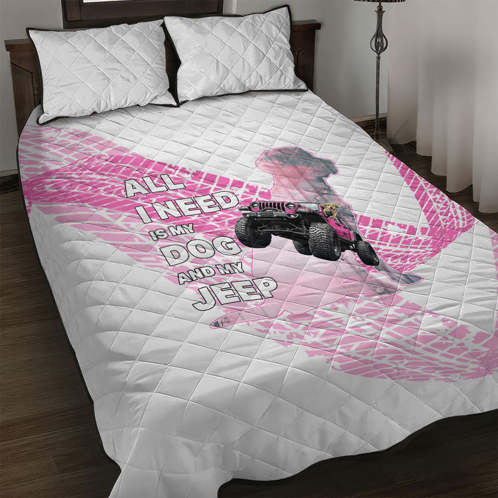 All I Need Is My Dog And My Jeep Quilt Bed Set Off-Road Illustration with Pink Tire Track Pattern