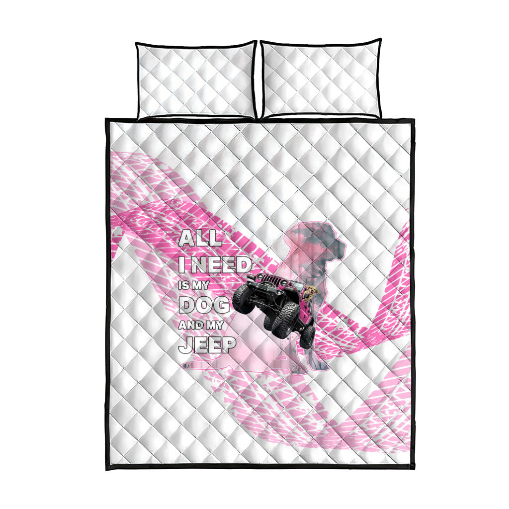 All I Need Is My Dog And My Jeep Quilt Bed Set Off-Road Illustration with Pink Tire Track Pattern