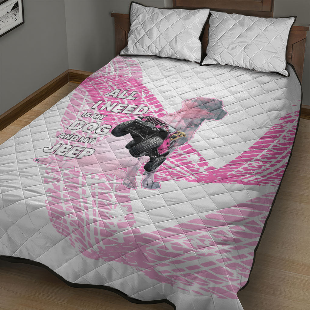 All I Need Is My Dog And My Jeep Quilt Bed Set Off-Road Illustration with Pink Tire Track Pattern