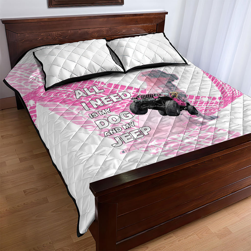 All I Need Is My Dog And My Jeep Quilt Bed Set Off-Road Illustration with Pink Tire Track Pattern
