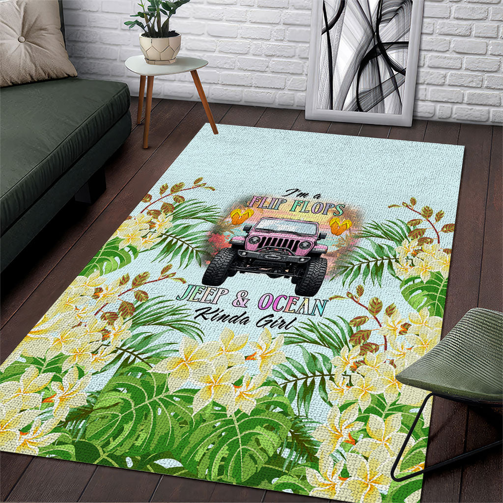 I’m A Flip Flops Jeep & Ocean Kinda Girl Area Rug Tropical Floral Beach Sunset Illustration Style TS04