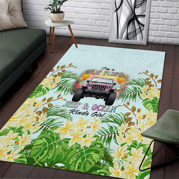 I’m A Flip Flops Jeep & Ocean Kinda Girl Area Rug Tropical Floral Beach Sunset Illustration Style TS04