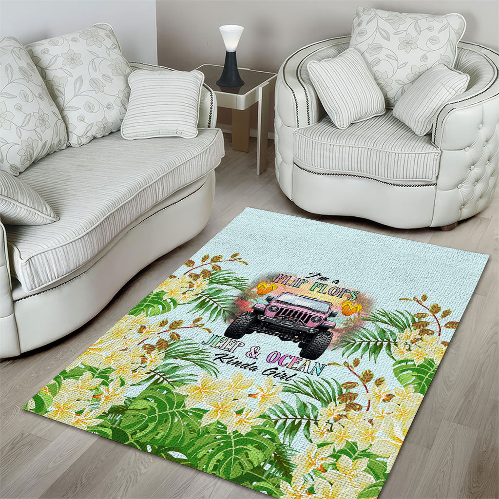 I’m A Flip Flops Jeep & Ocean Kinda Girl Area Rug Tropical Floral Beach Sunset Illustration Style TS04