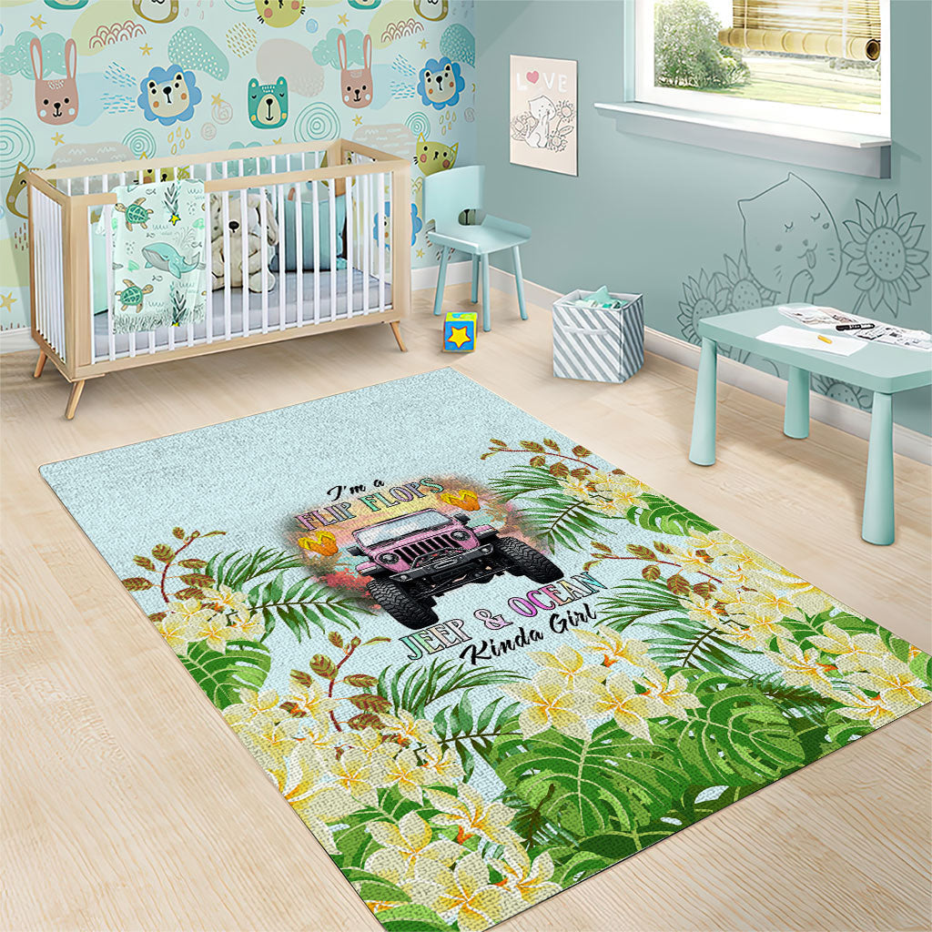 I’m A Flip Flops Jeep & Ocean Kinda Girl Area Rug Tropical Floral Beach Sunset Illustration Style TS04