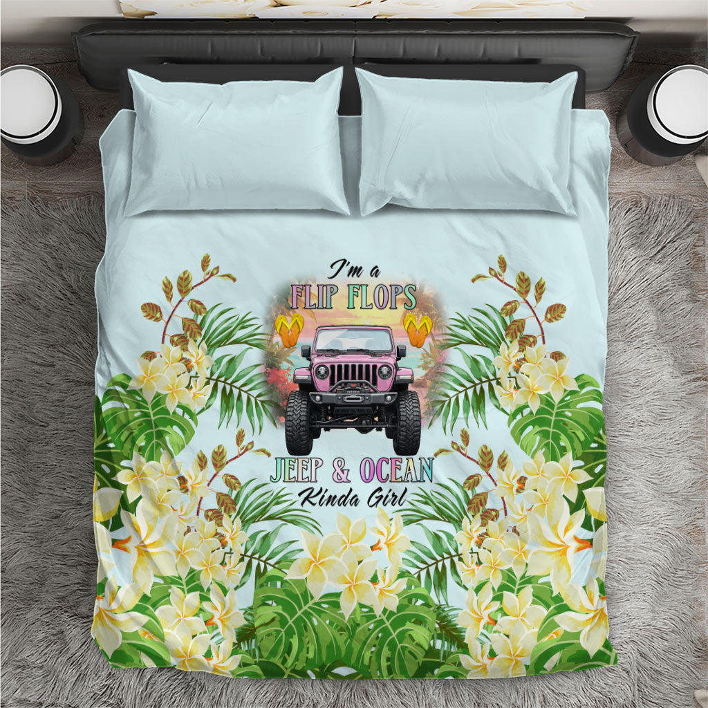 I’m A Flip Flops Jeep & Ocean Kinda Girl Bedding Set Tropical Floral Beach Sunset Illustration Style