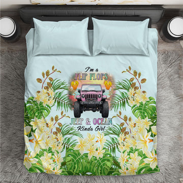 I’m A Flip Flops Jeep & Ocean Kinda Girl Bedding Set Tropical Floral Beach Sunset Illustration Style