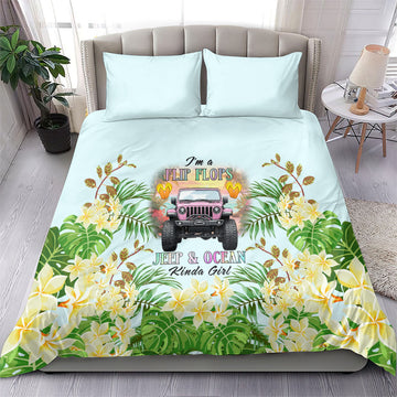 I’m A Flip Flops Jeep & Ocean Kinda Girl Bedding Set Tropical Floral Beach Sunset Illustration Style