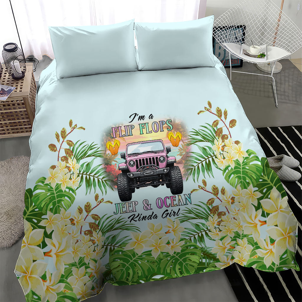 I’m A Flip Flops Jeep & Ocean Kinda Girl Bedding Set Tropical Floral Beach Sunset Illustration Style