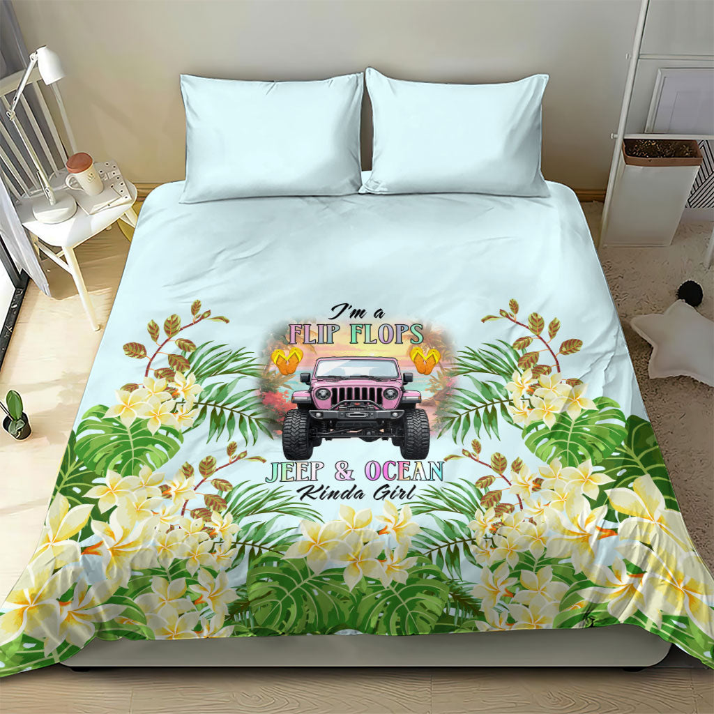 I’m A Flip Flops Jeep & Ocean Kinda Girl Bedding Set Tropical Floral Beach Sunset Illustration Style