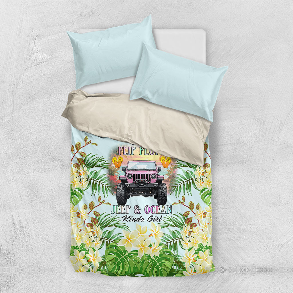 I’m A Flip Flops Jeep & Ocean Kinda Girl Bedding Set Tropical Floral Beach Sunset Illustration Style