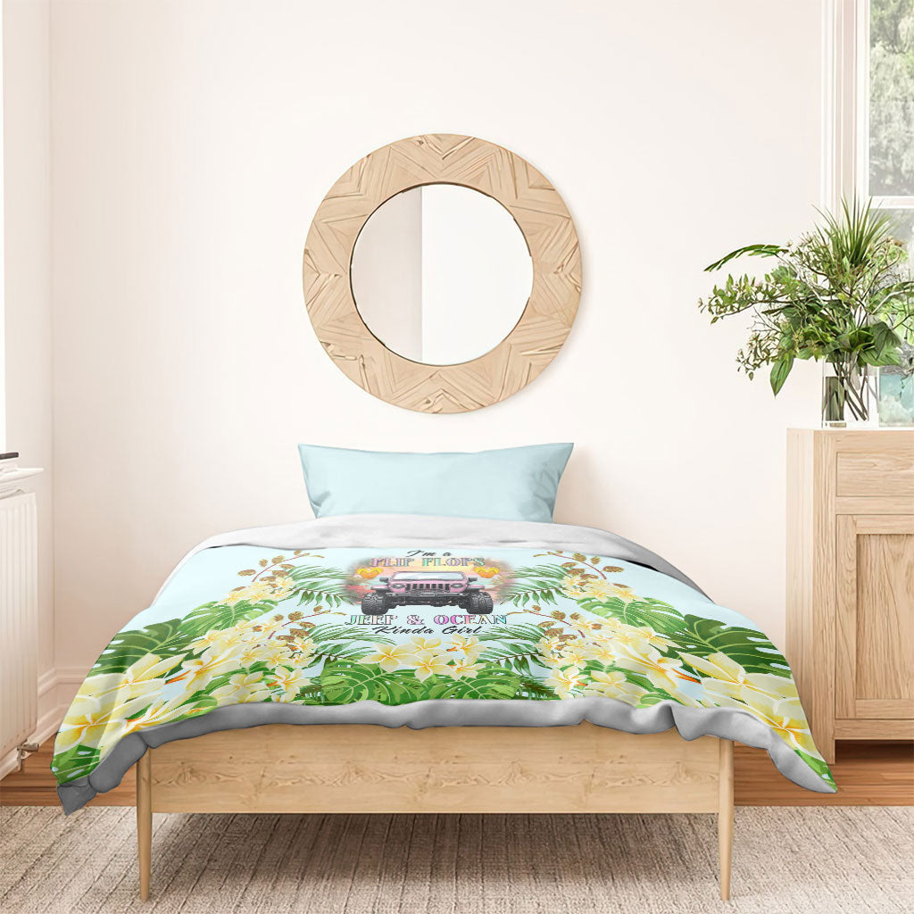 I’m A Flip Flops Jeep & Ocean Kinda Girl Bedding Set Tropical Floral Beach Sunset Illustration Style