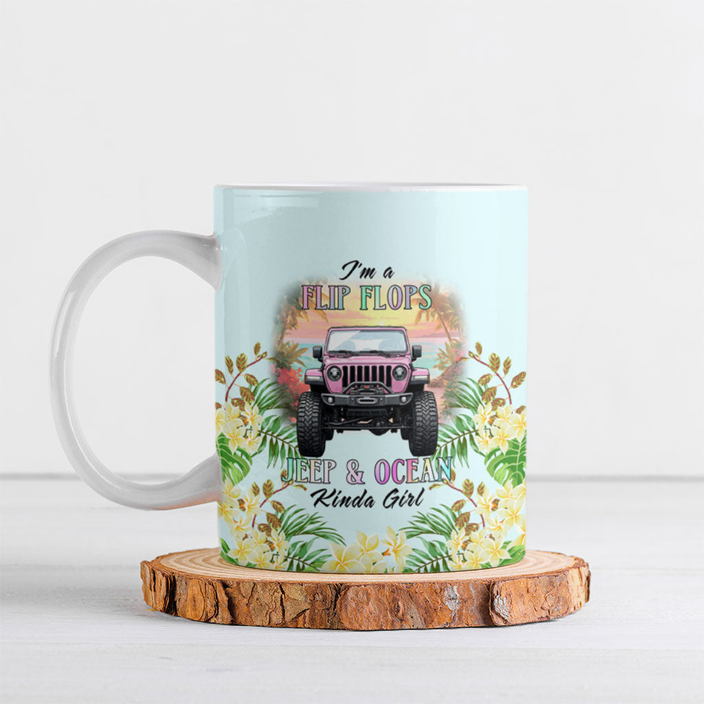 I’m A Flip Flops Jeep & Ocean Kinda Girl Ceramic Mug Tropical Floral Beach Sunset Illustration Style