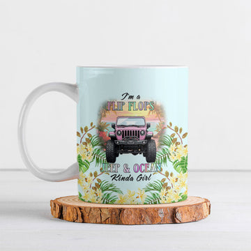 I’m A Flip Flops Jeep & Ocean Kinda Girl Ceramic Mug Tropical Floral Beach Sunset Illustration Style
