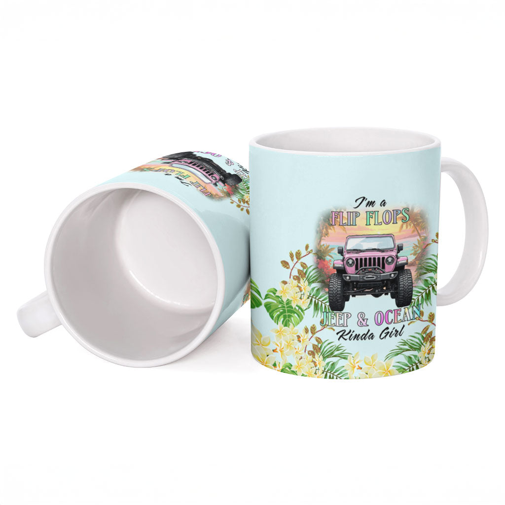 I’m A Flip Flops Jeep & Ocean Kinda Girl Ceramic Mug Tropical Floral Beach Sunset Illustration Style