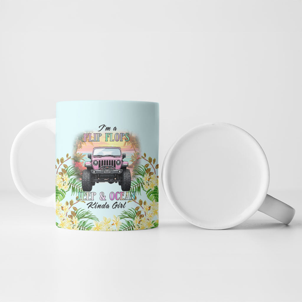 I’m A Flip Flops Jeep & Ocean Kinda Girl Ceramic Mug Tropical Floral Beach Sunset Illustration Style