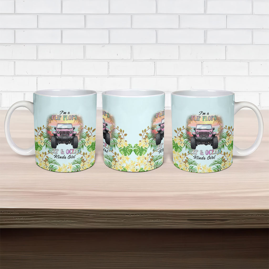 I’m A Flip Flops Jeep & Ocean Kinda Girl Ceramic Mug Tropical Floral Beach Sunset Illustration Style