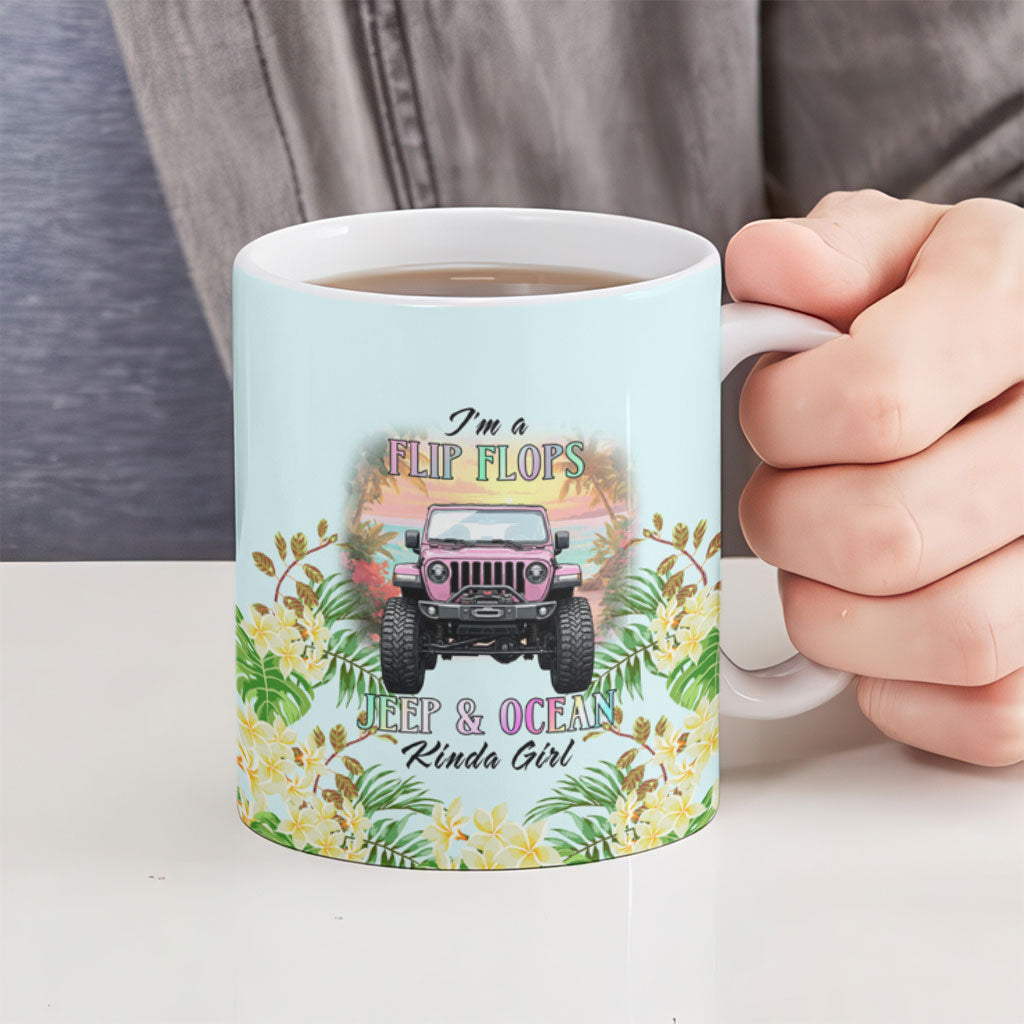I’m A Flip Flops Jeep & Ocean Kinda Girl Ceramic Mug Tropical Floral Beach Sunset Illustration Style