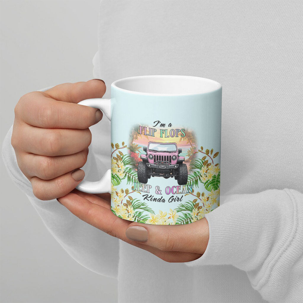 I’m A Flip Flops Jeep & Ocean Kinda Girl Ceramic Mug Tropical Floral Beach Sunset Illustration Style