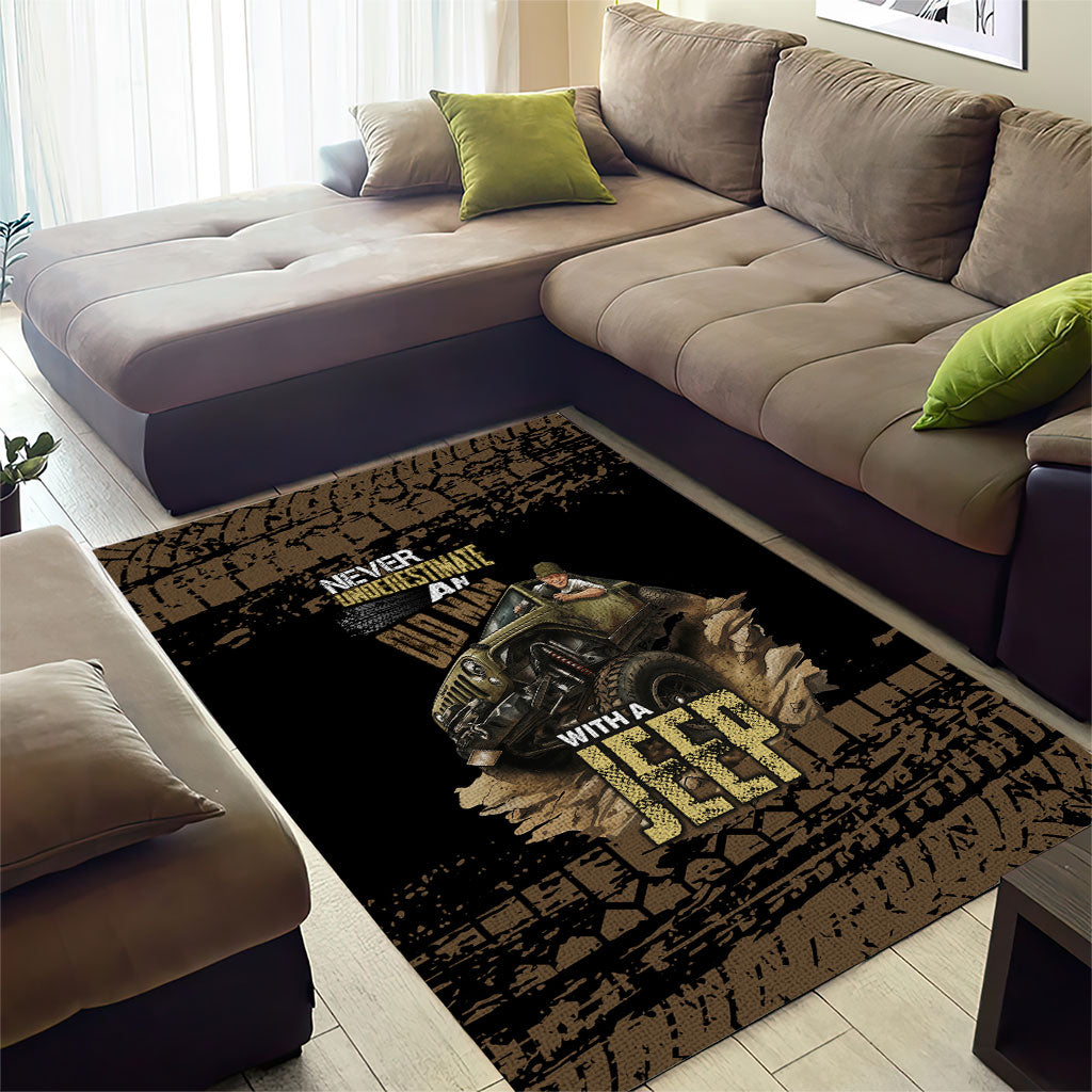 Old Man Jeep Off Road Area Rug Never Underestimate Quote Mud Tire Track Vintage 4x4 Art TS04
