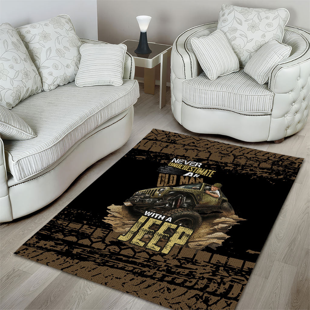 Old Man Jeep Off Road Area Rug Never Underestimate Quote Mud Tire Track Vintage 4x4 Art TS04