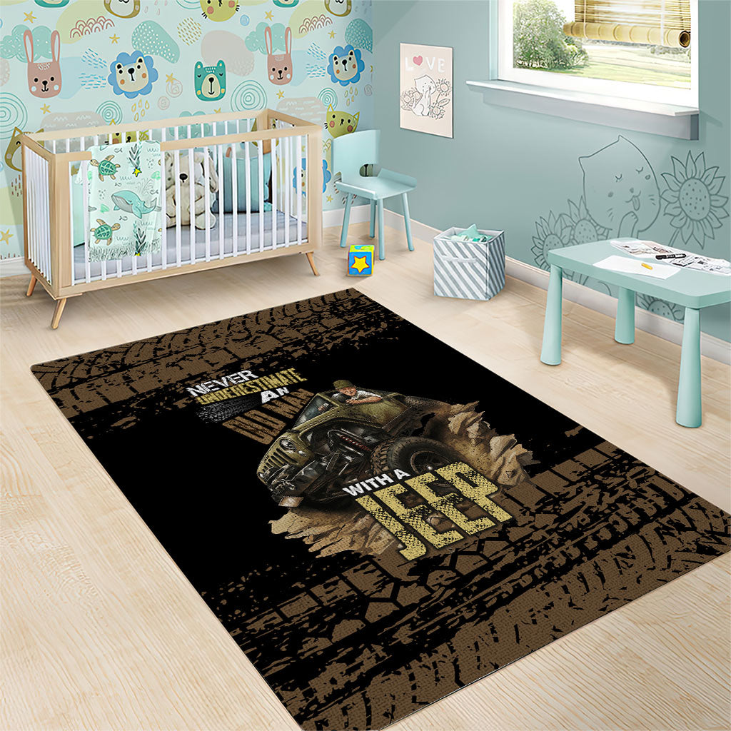 Old Man Jeep Off Road Area Rug Never Underestimate Quote Mud Tire Track Vintage 4x4 Art TS04