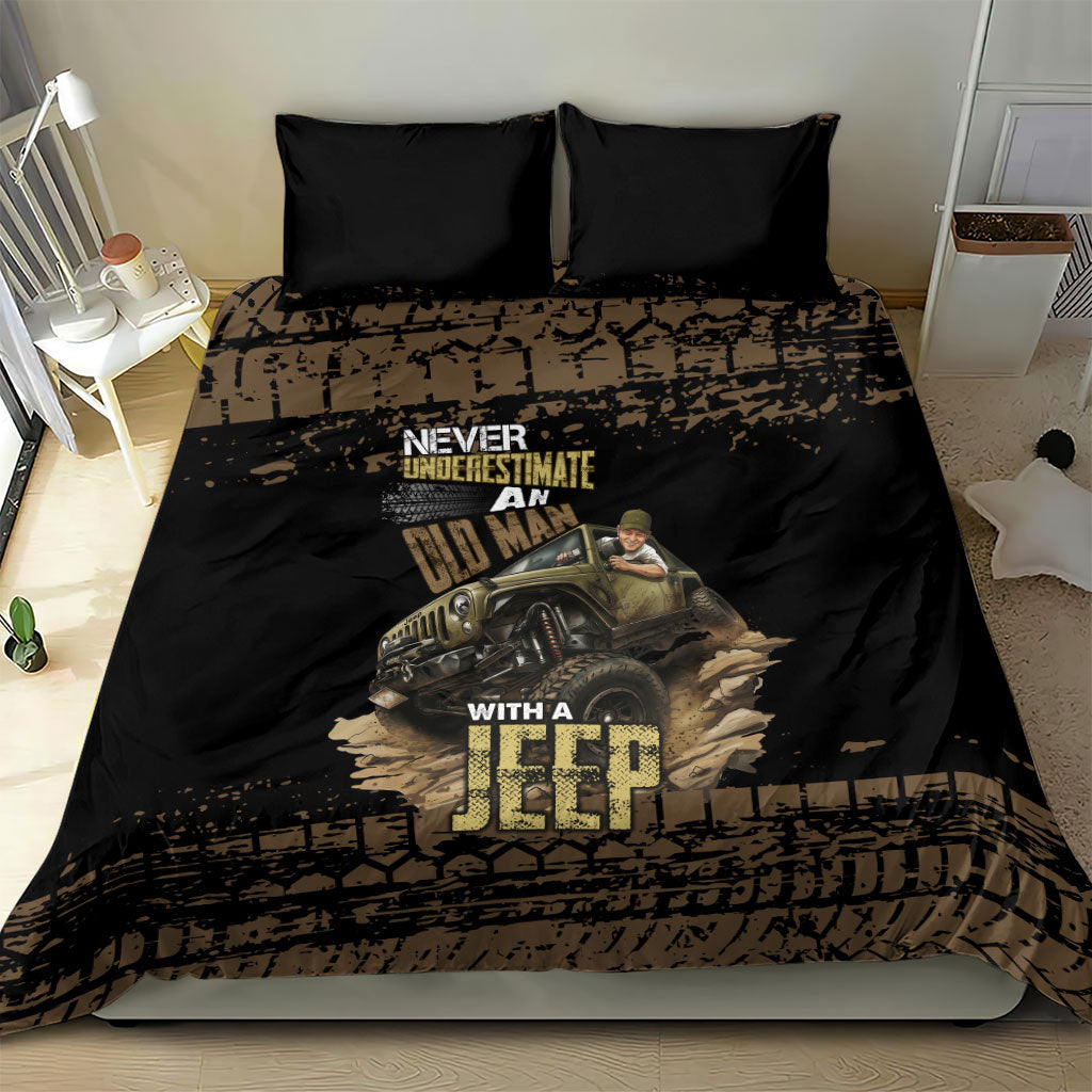 Old Man Jeep Off Road Bedding Set Never Underestimate Quote Mud Tire Track Vintage 4x4 Art