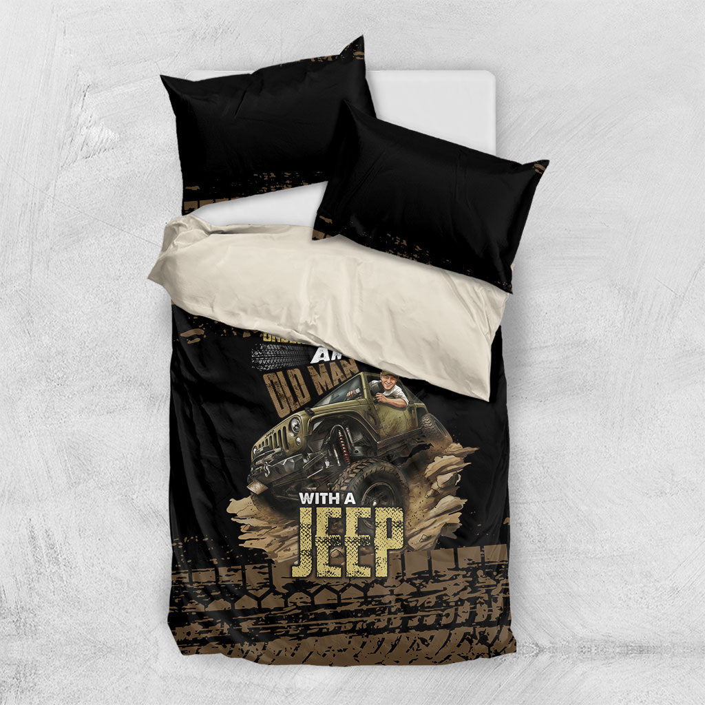 Old Man Jeep Off Road Bedding Set Never Underestimate Quote Mud Tire Track Vintage 4x4 Art