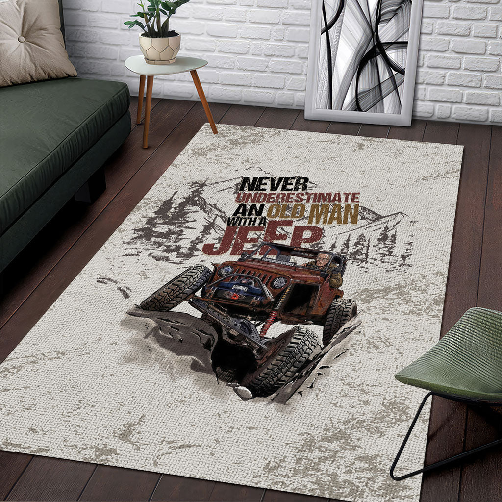 Old Man Jeep Off Road Area Rug Never Underestimate Quote Vintage Mountain 4x4 Adventure TS04