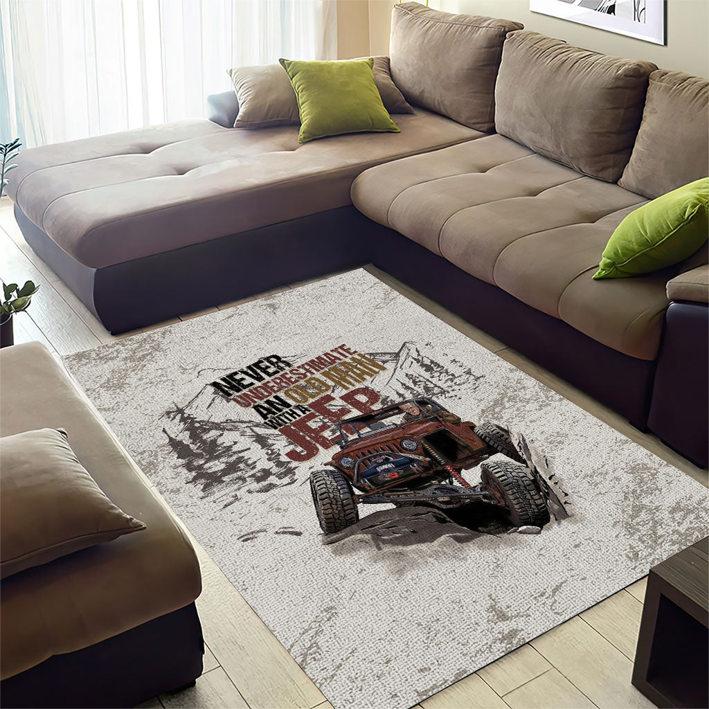 Old Man Jeep Off Road Area Rug Never Underestimate Quote Vintage Mountain 4x4 Adventure TS04