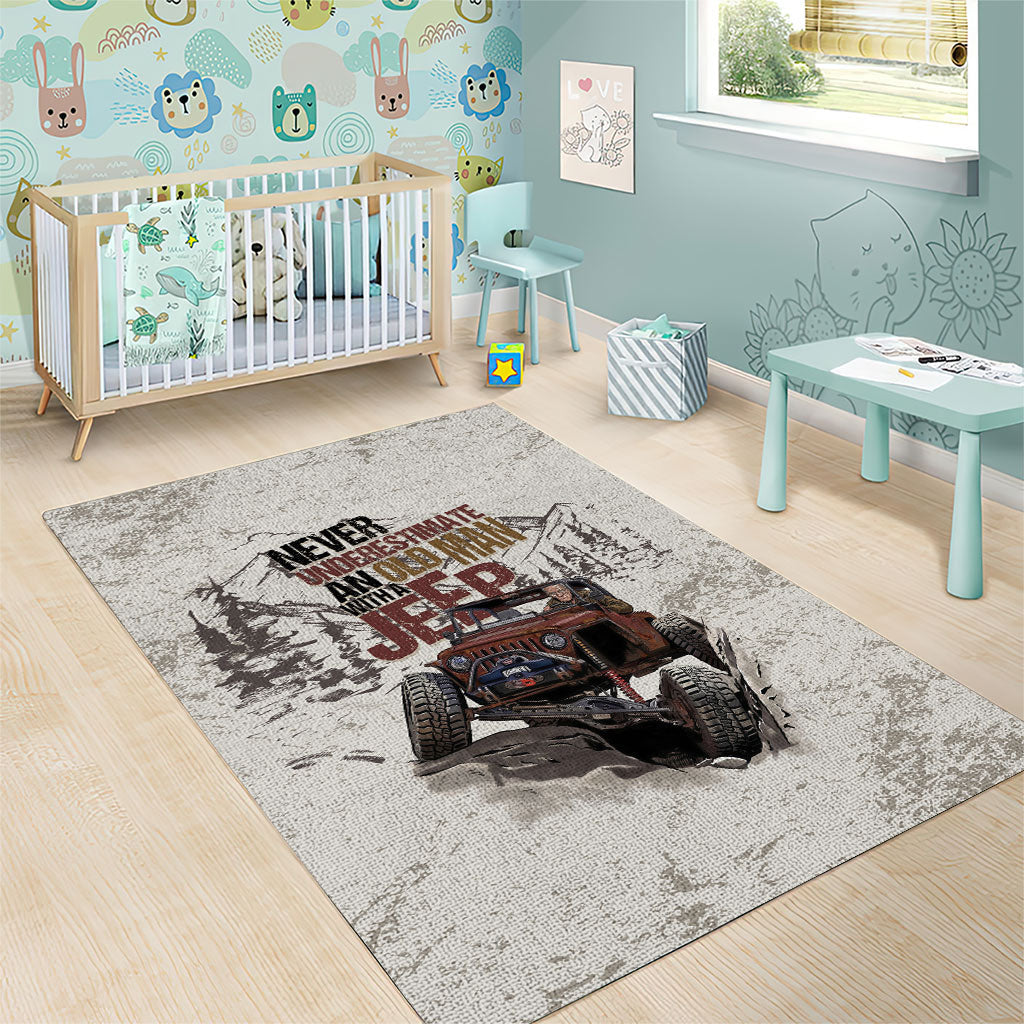 Old Man Jeep Off Road Area Rug Never Underestimate Quote Vintage Mountain 4x4 Adventure TS04