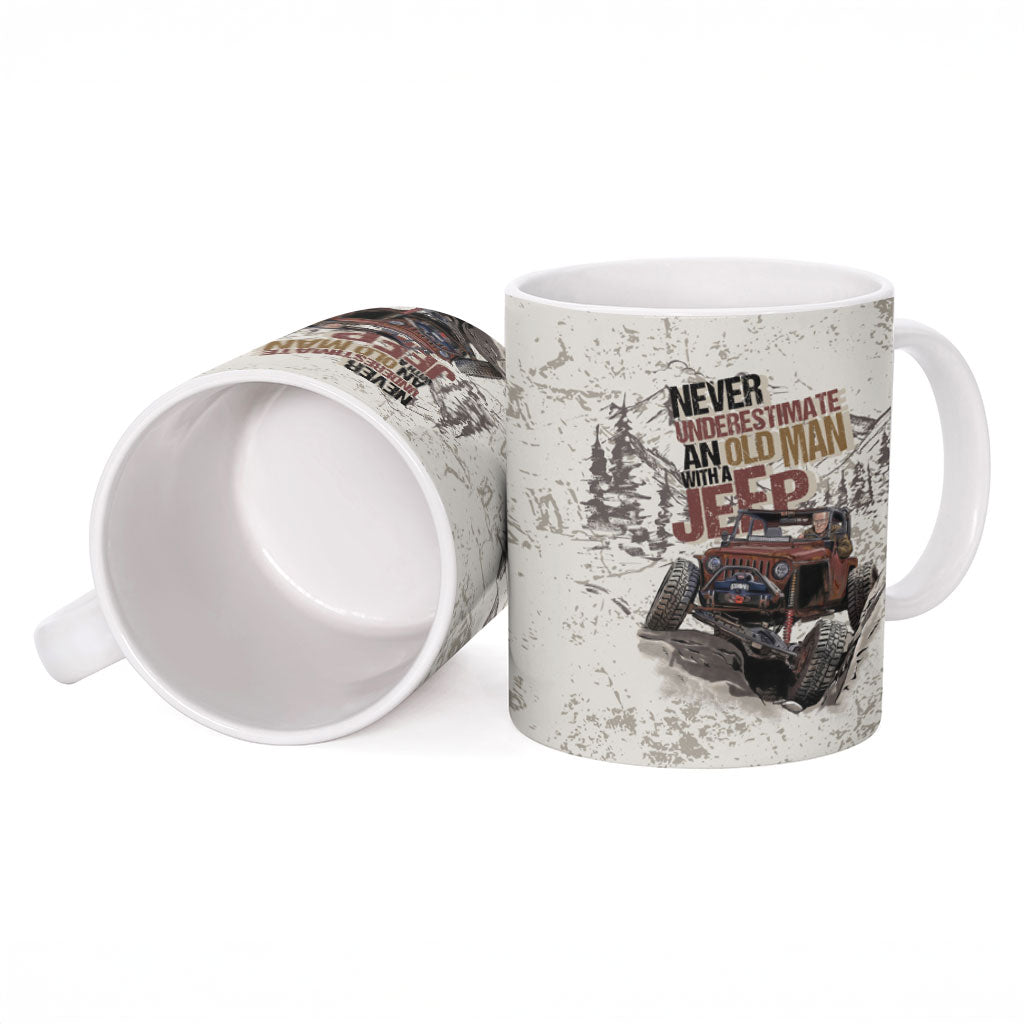 Old Man Jeep Off Road Ceramic Mug Never Underestimate Quote Vintage Mountain 4x4 Adventure