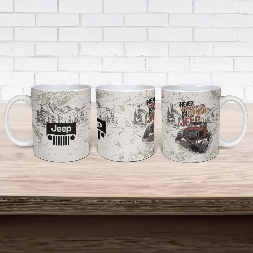 Old Man Jeep Off Road Ceramic Mug Never Underestimate Quote Vintage Mountain 4x4 Adventure