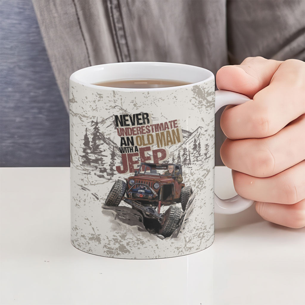 Old Man Jeep Off Road Ceramic Mug Never Underestimate Quote Vintage Mountain 4x4 Adventure