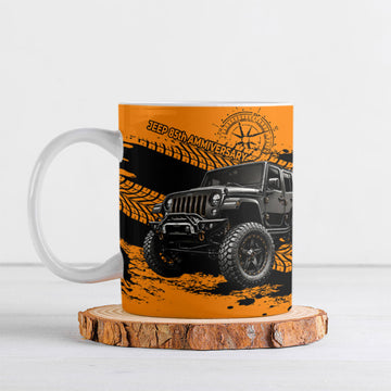 Jeep 85th Anniversary Off Road 4x4 Ceramic Mug Orange And Black Distressed Grunge Tire Tracks
