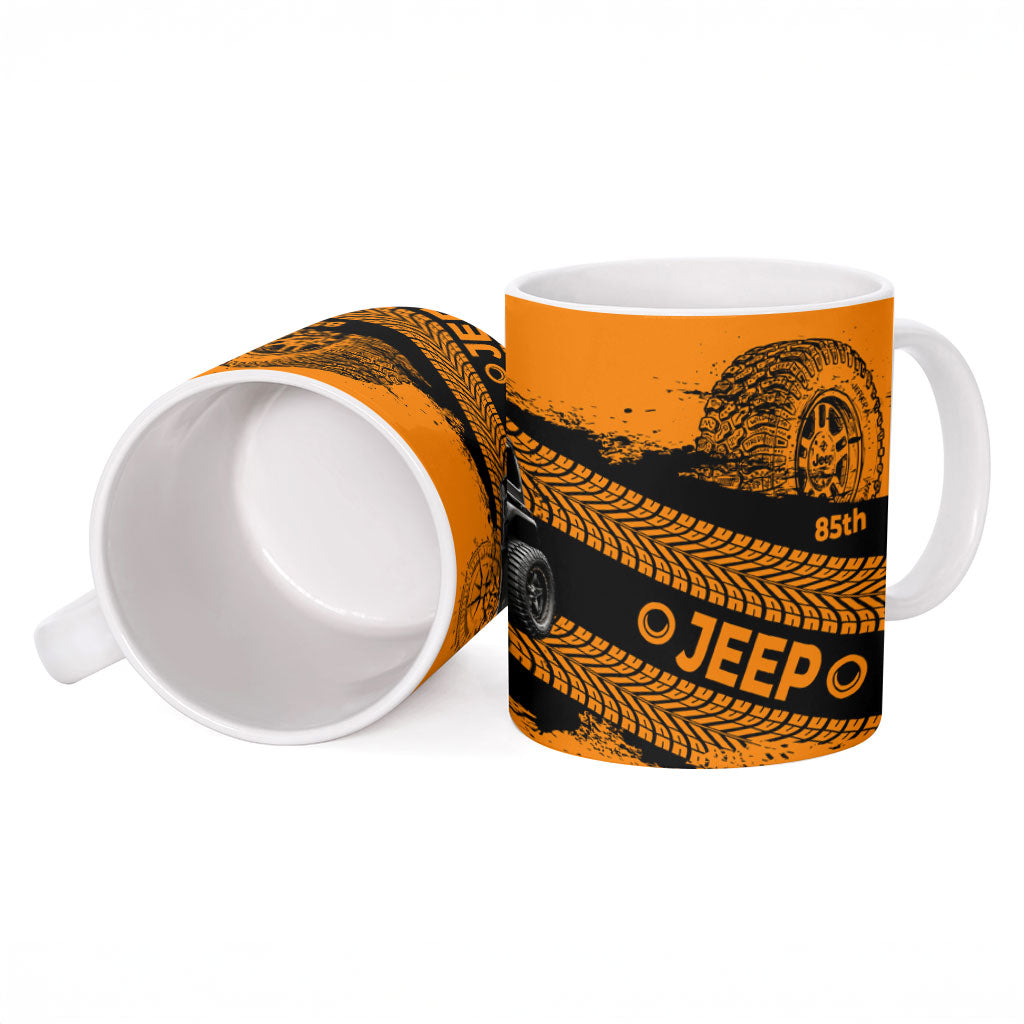 Jeep 85th Anniversary Off Road 4x4 Ceramic Mug Orange And Black Distressed Grunge Tire Tracks