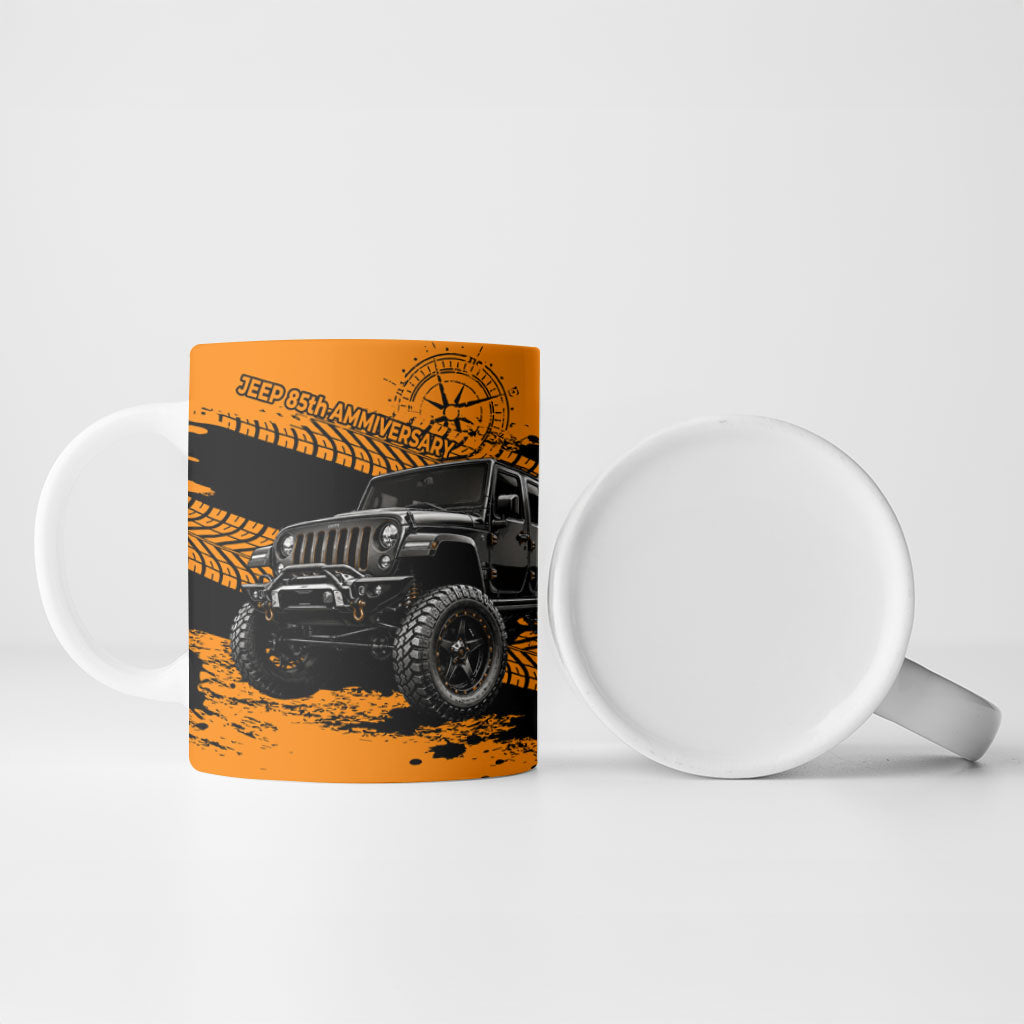 Jeep 85th Anniversary Off Road 4x4 Ceramic Mug Orange And Black Distressed Grunge Tire Tracks